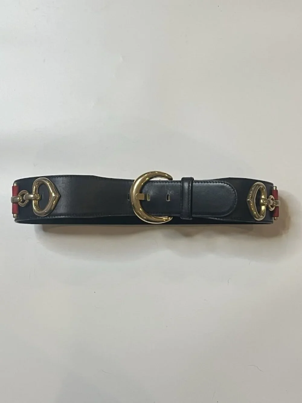 Vtg Escada Western Germany Leather Belt Horsebit Gold Buckle Black Red 36